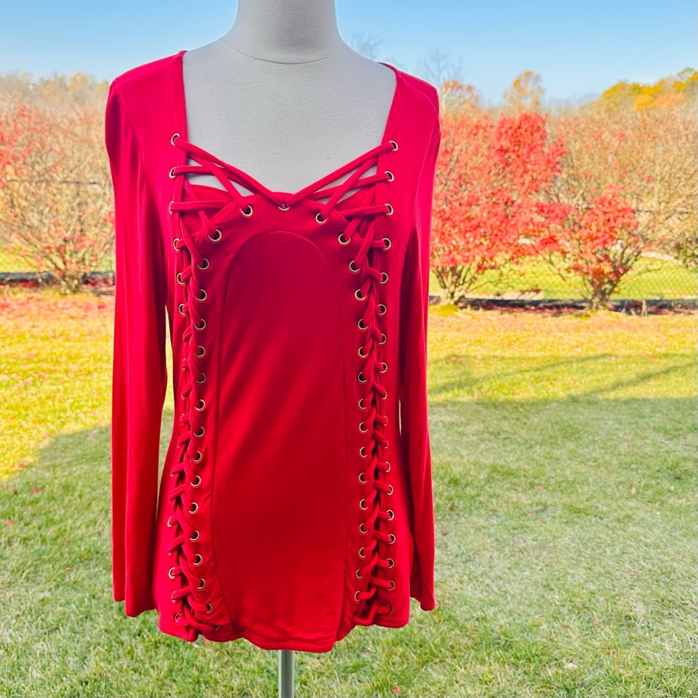Venus Red Lace Up Long Sleeve Top
